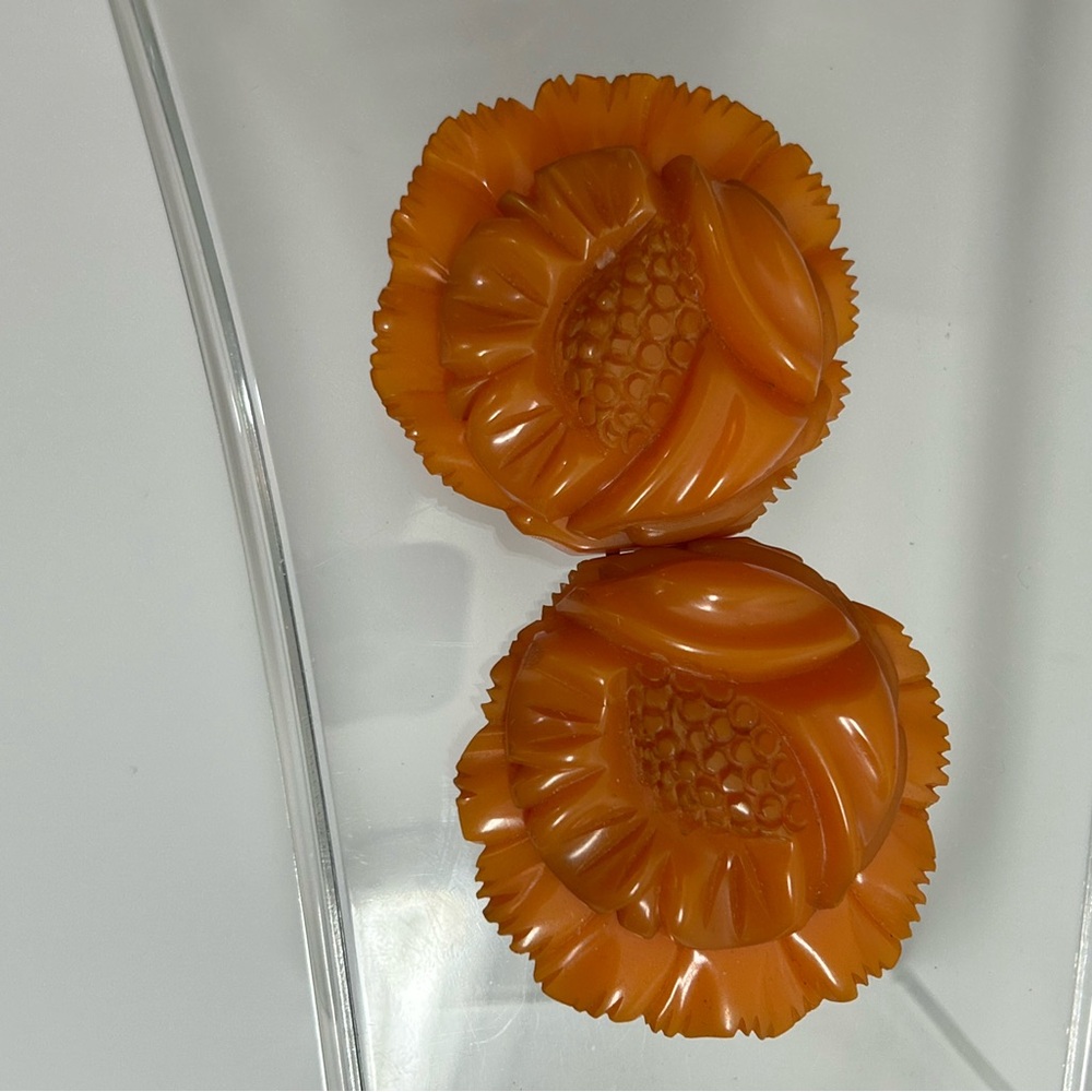 Antique Hand carved Orange Floral Authentic Bakelite belt buckle